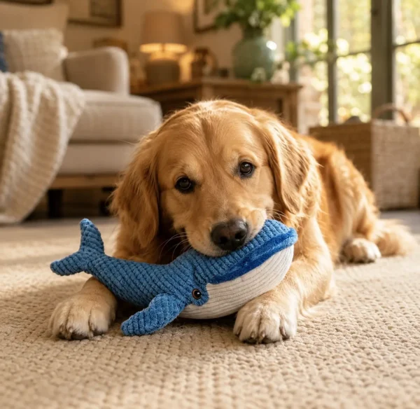 Blue whale plush squeaky toy for dogs