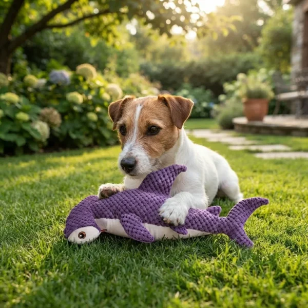 Purple shark plush chew toy for dogs