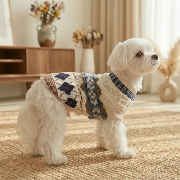 Beige Diamond Cable Knit Dog Sweater