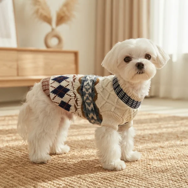 Beige Diamond Cable Knit Dog Sweater