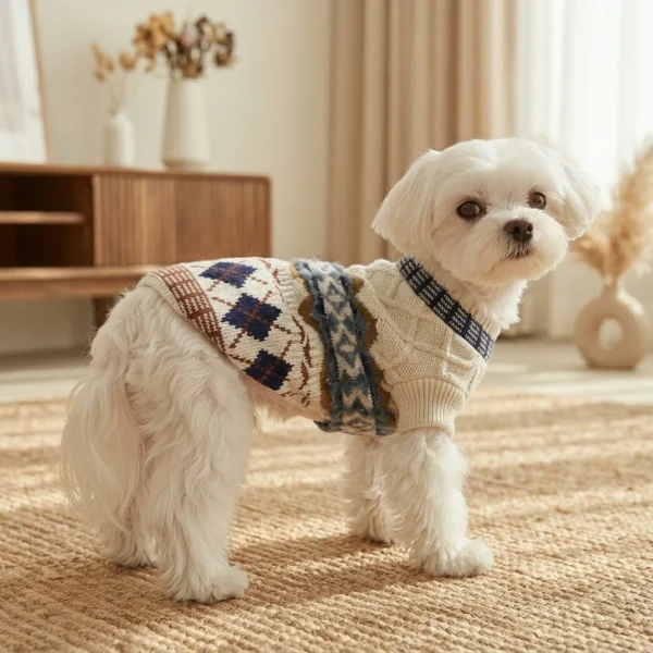Beige Diamond Cable Knit Dog Sweater