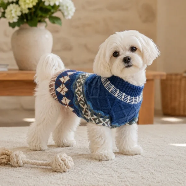 Blue diamond cable knit dog sweater
