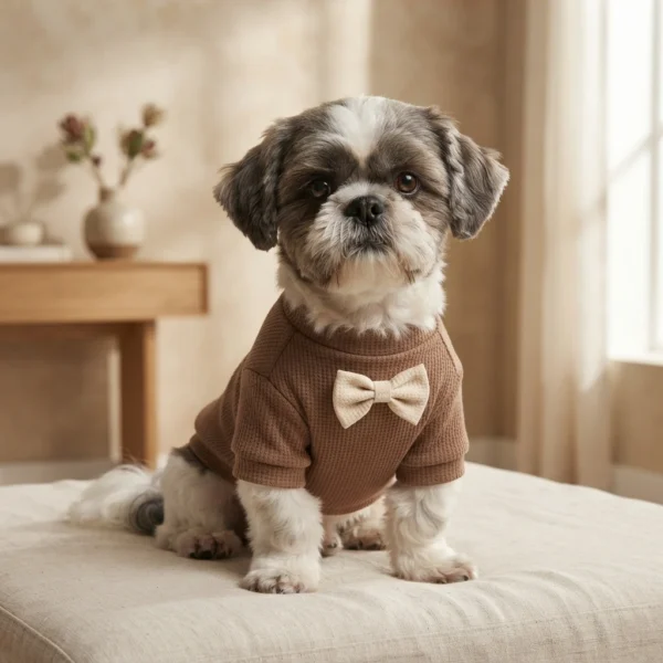 Coffee waffle knit dog coat with bow
