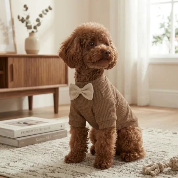 Coffee Waffle Knit Dog Coat with Bow