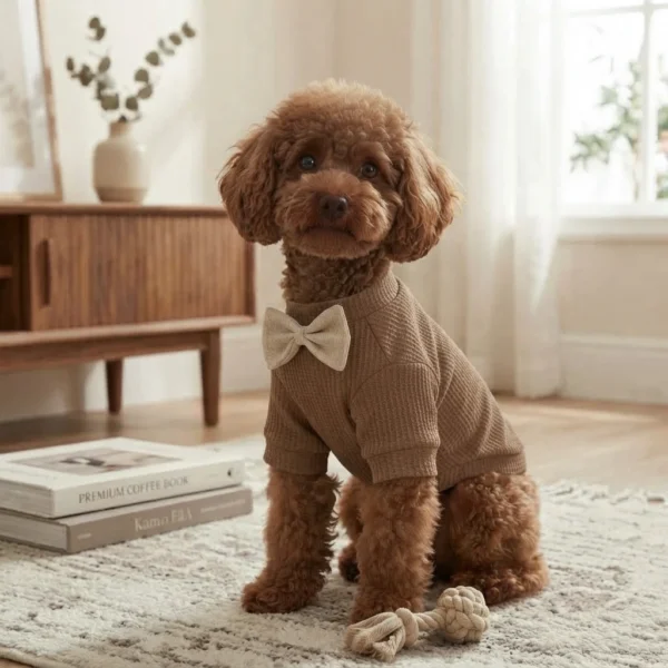 Coffee Waffle Knit Dog Coat with Bow
