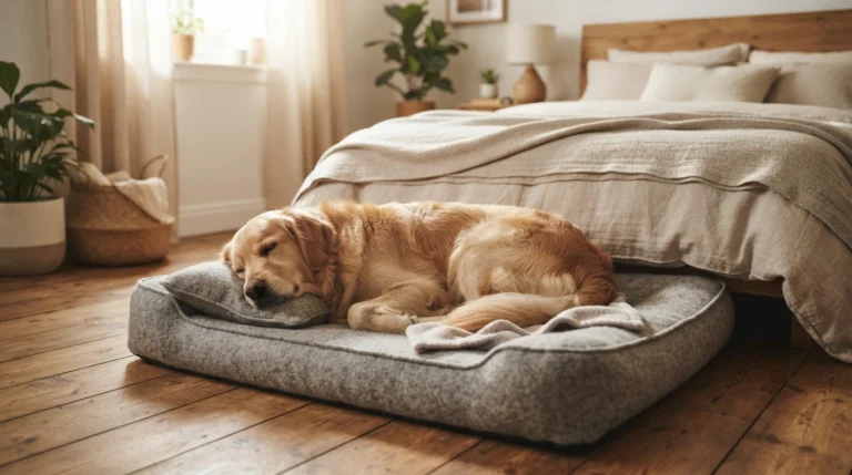 Dog sleeping comfortably in its own bed