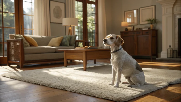 A small dog in a sophisticated, comfortable home environment, premium pet lifestyle photography.