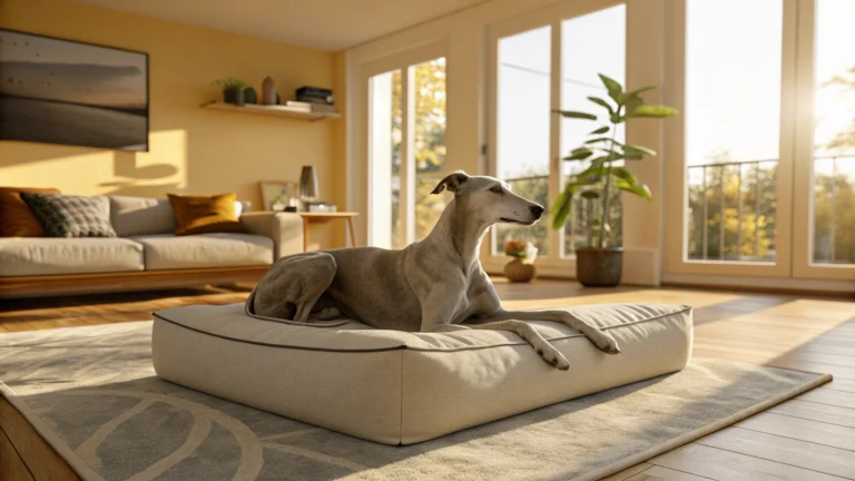 A calm Greyhound dog resting on a premium dog bed in a sunlit living room.
