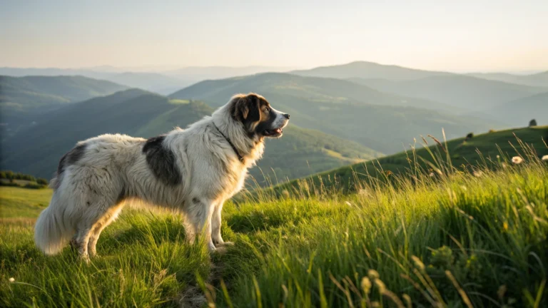 A majestic Romanian Carpathian Shepherd dog standing in a mountain meadow, looking watchful and calm.