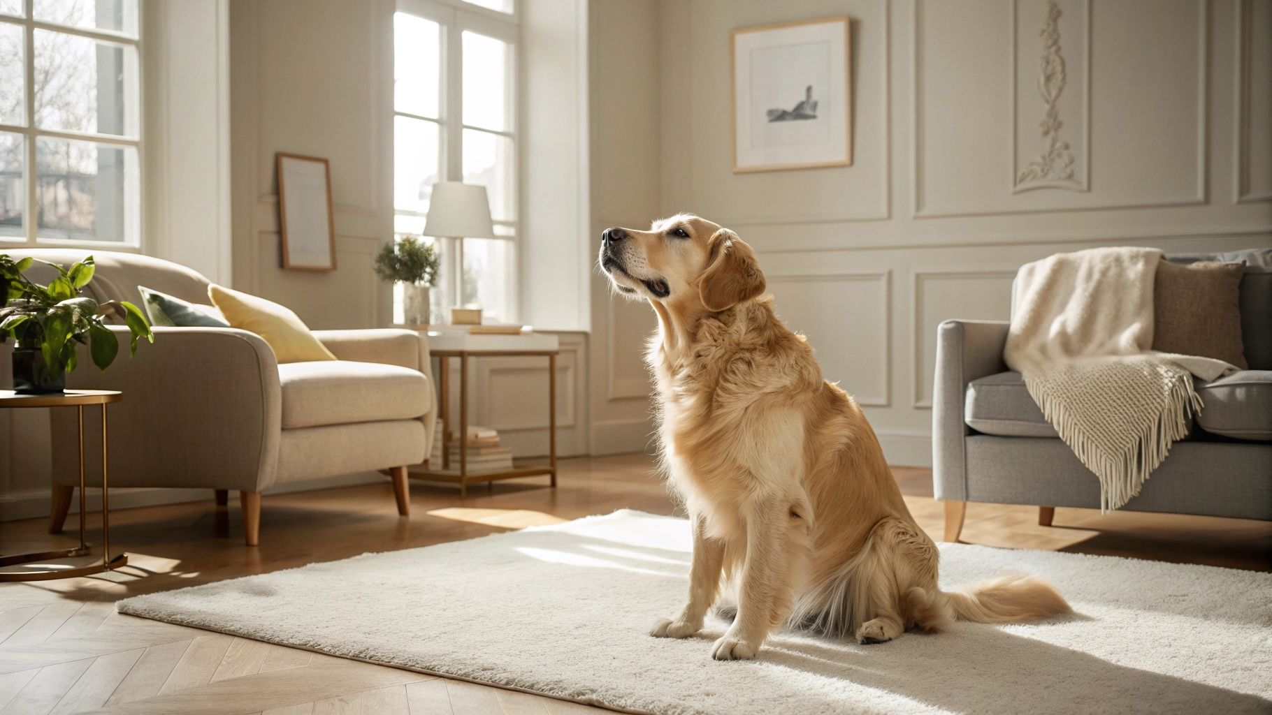 A cozy domestic dog scratching its neck in a warm, premium home interior