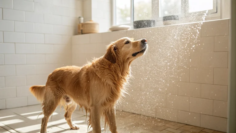 A golden retriever shaking off water in a sunlit, premium home interior with soft natural lighting.