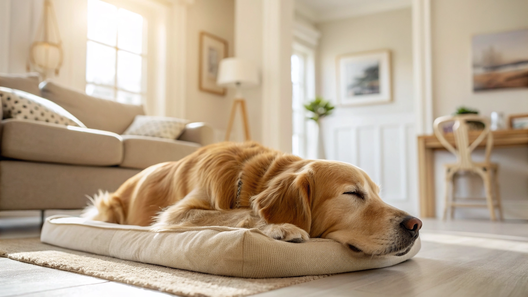 Beautiful sleeping dog curbed up in a premium cozy bed, warm interior sunlight