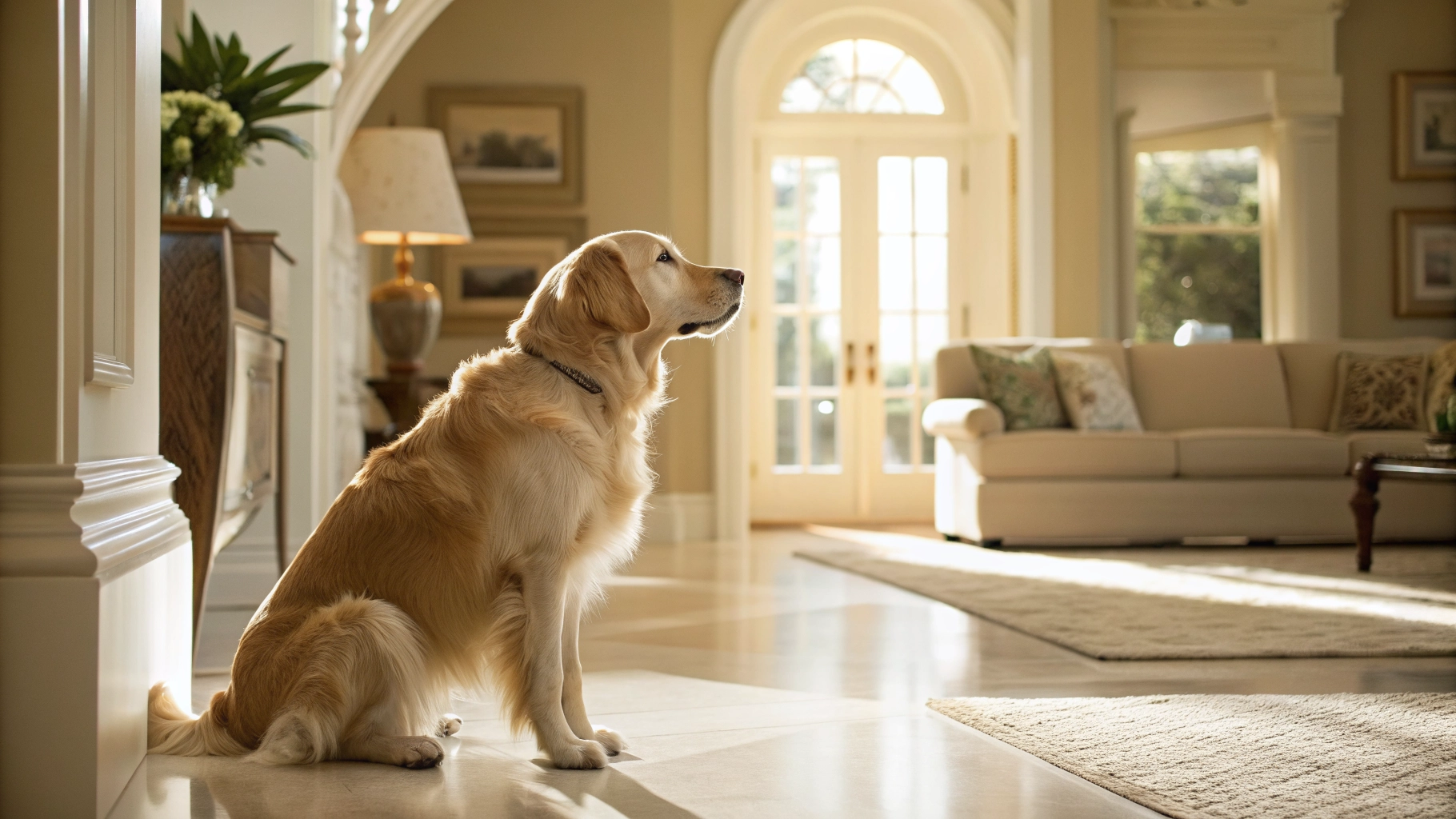 A calm golden retriever dog staying in a beautifully lit, cozy modern living room