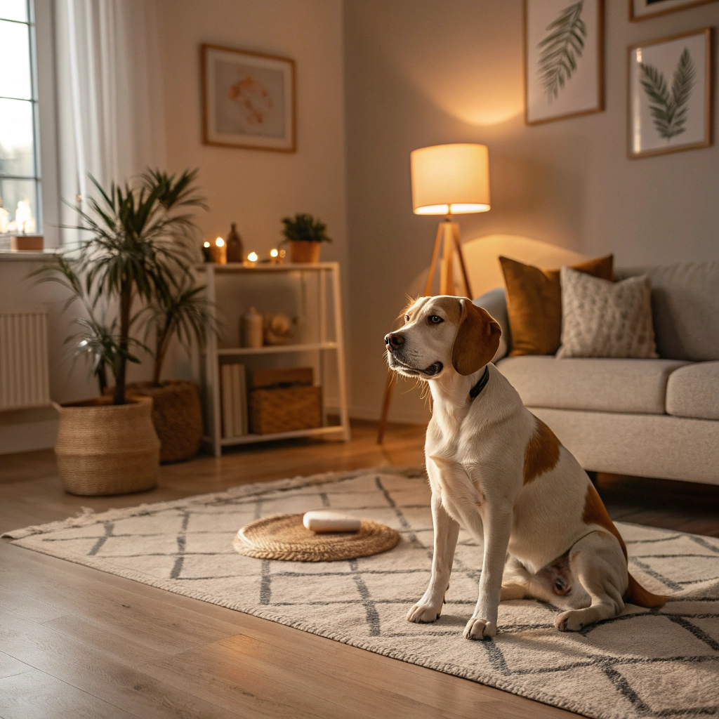 Golden Retriever dog sitting calmly in a cozy home interior ready for staying cue