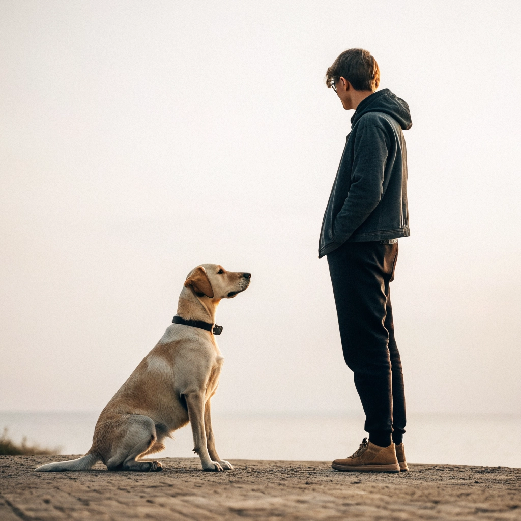 Owner holding position standing still opposite to a calm pet dog sitting on rug
