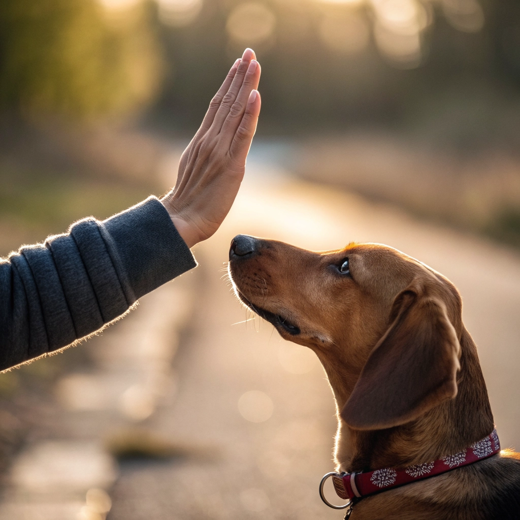 Owner giving hand signal cue to staying dog inside a cozy, warm ambient living room