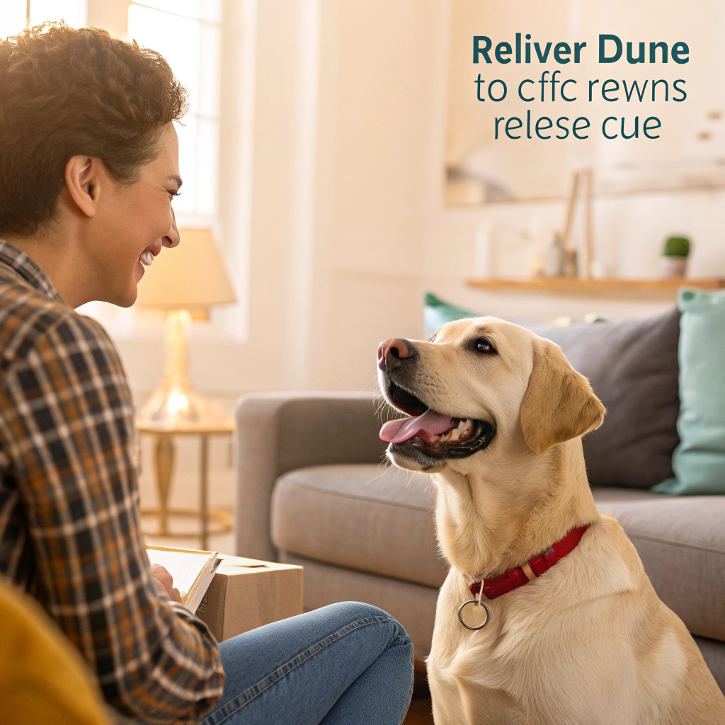 Owner returning to stand beside golden retriever dog and happily releasing behavior