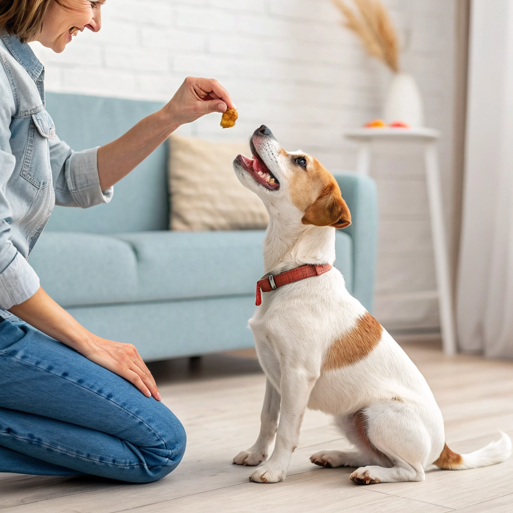 Owner rewarding dog with treat directly into mouth while keeping steady posture