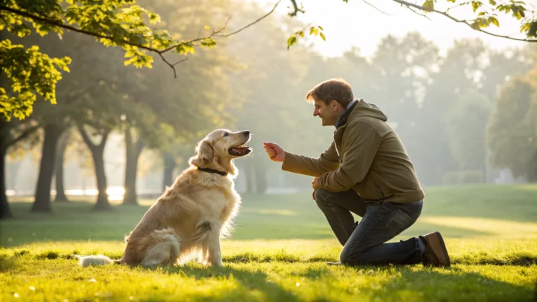 A professional dog trainer working with a Golden Retriever in a sunny park, using positive reinforcement.