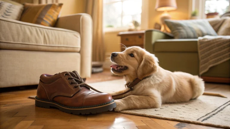 A golden retriever puppy chewing on a leather shoe in a cozy living room.