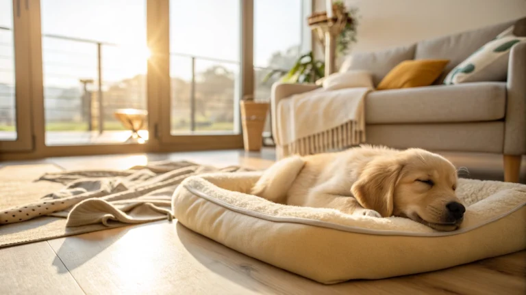 A golden retriever puppy sleeping peacefully on a plush, cream-colored dog bed in a sunlit, modern living room.
