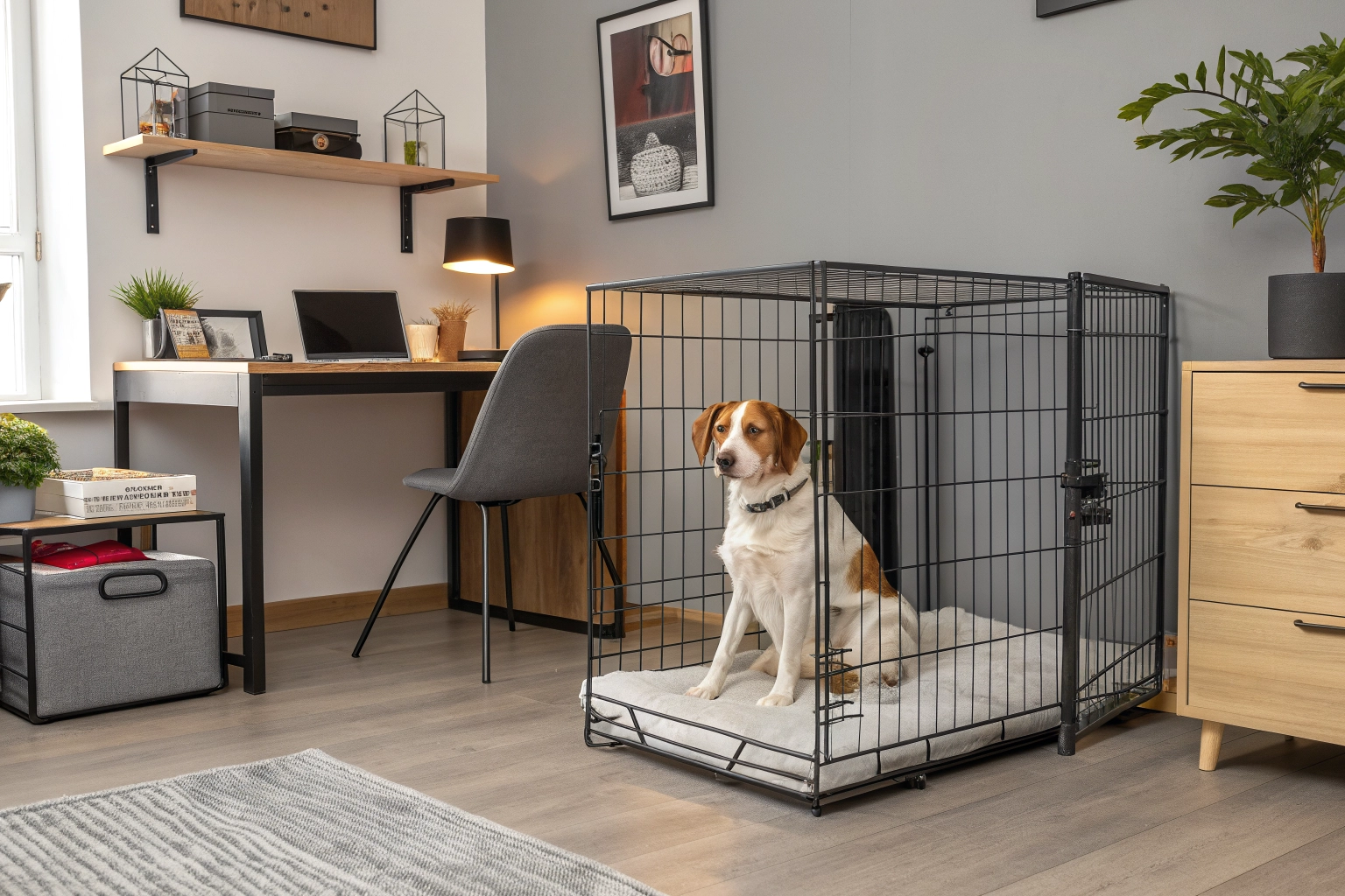 A peaceful dog resting inside an elegant, modern home setup featuring custom dog furniture