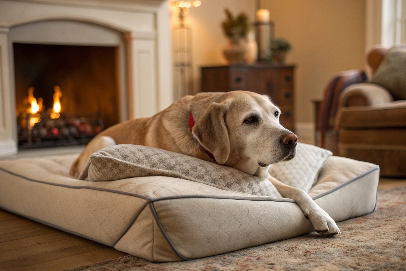 Senior dog resting peacefully on a premium orthopedic bolster dog bed with thick supportive edges