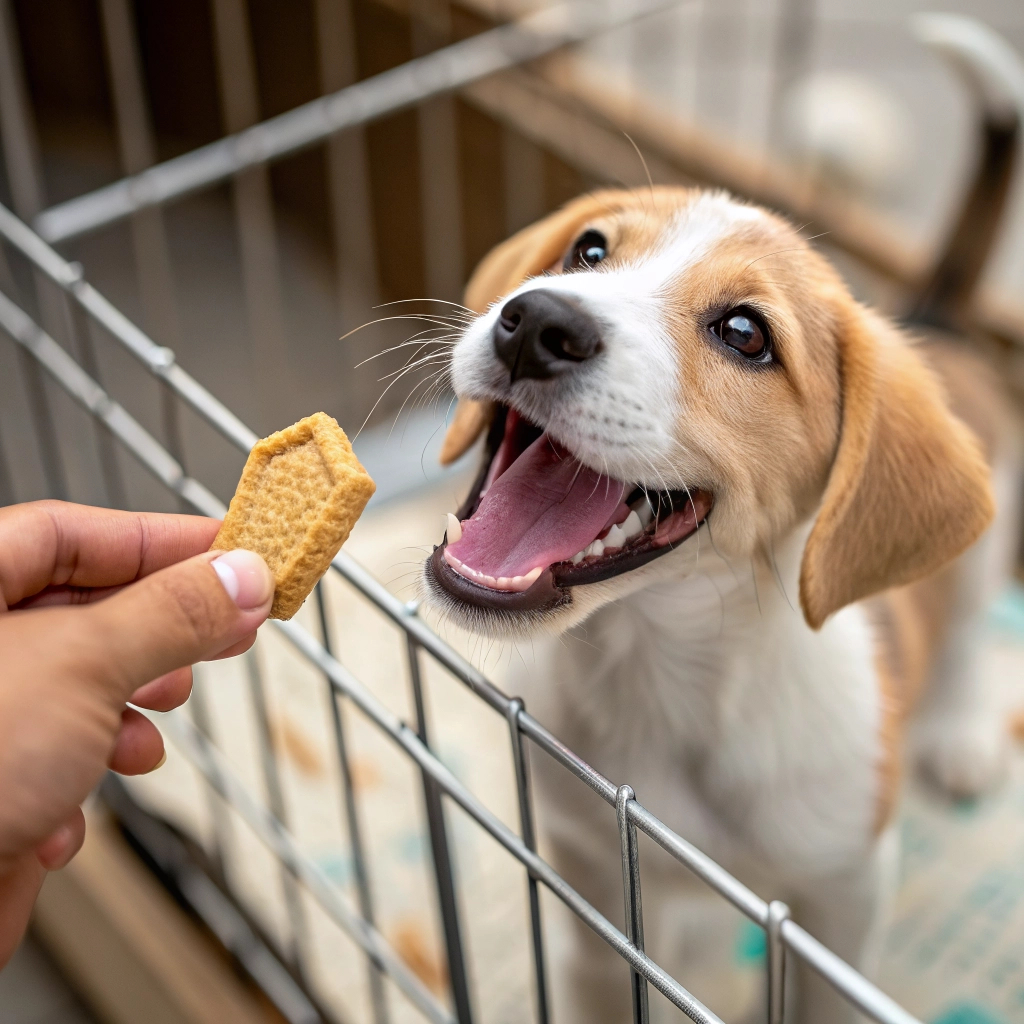 A sweet puppy sitting inside a cozy premium wooden dog crate being gently rewarded with a dog treat