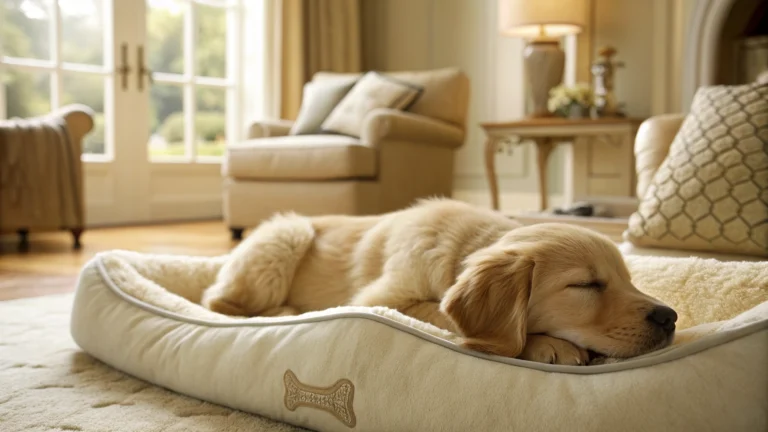 A peaceful puppy sleeping on a soft, premium dog bed in a cozy, sunlit living room.