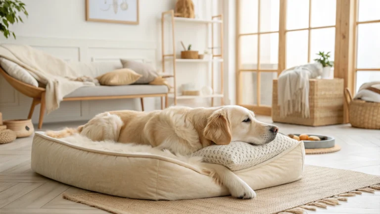 A calm dog resting on a premium bed in a sunlit living room, representing a peaceful home environment.