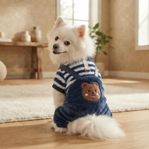 Navy blue bear fleece dog overalls