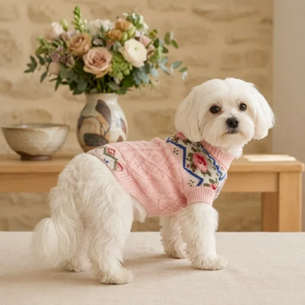 Pink floral knit sweater for dogs