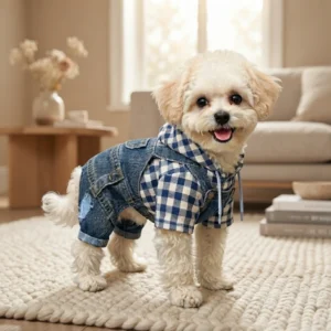 Sky blue faux denim dog overalls