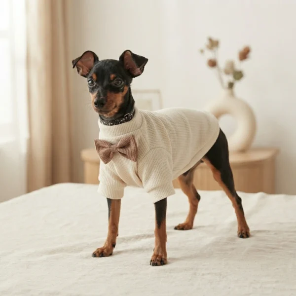 White Waffle Knit Dog Coat with Bow