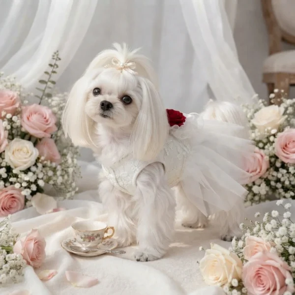 White tulle red rose dog dress