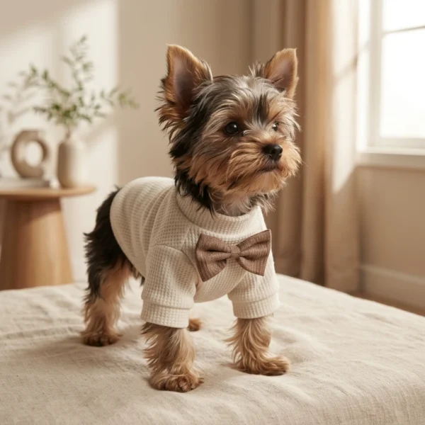 White Waffle Knit Dog Coat with Bow