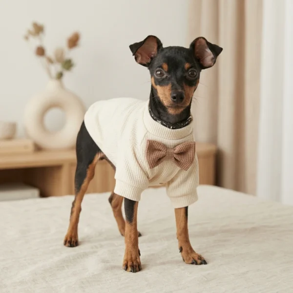White Waffle Knit Dog Coat with Bow
